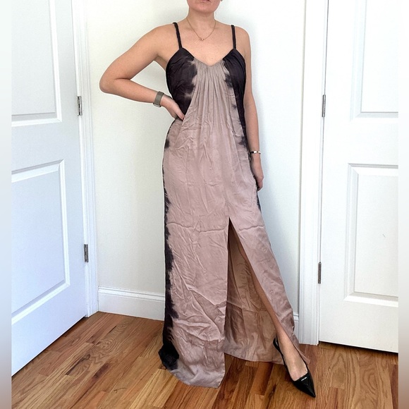 Silk Satin Chiffon Front Slit Evening Gown - Picture 2 of 11